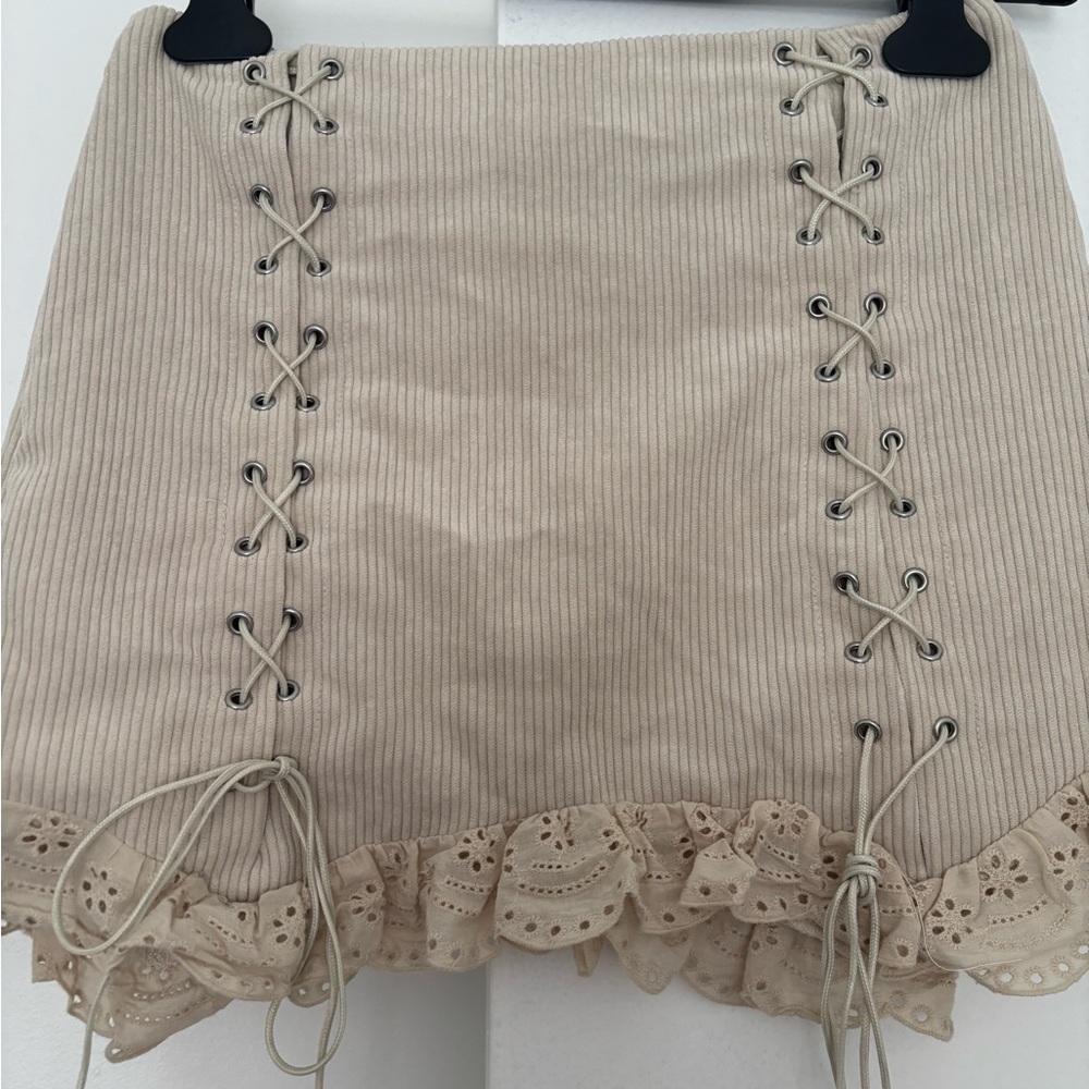Beige Lace-Up Mini Skirt